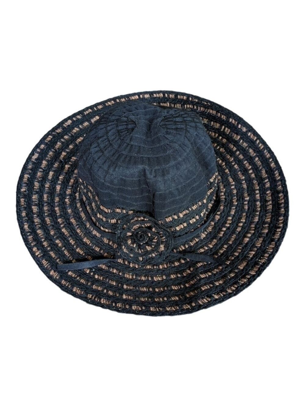 Sun 'N Sand Black Straw and Fabric Wide Brim Hat EUC Cruise Beach Vacation